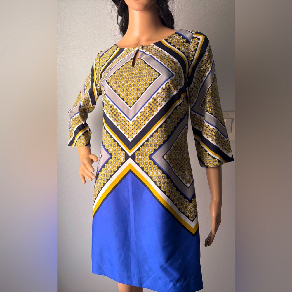 Banana Republic Geometric Dress Blue,Yellow, Black Sz 0 Fully lined Back Zipper